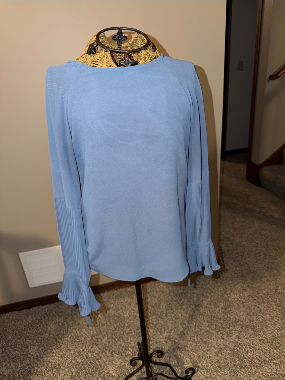Light Blue Long-Sleeve Pleated Cuff Blouse